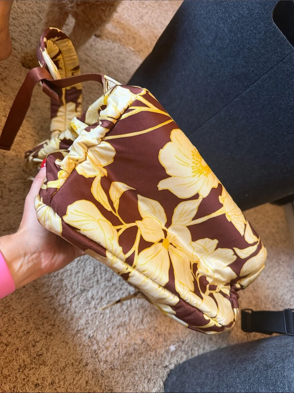 Vera Bradley XL Bancroft Brown Floral Backpack with Cream and Yellow Flowers